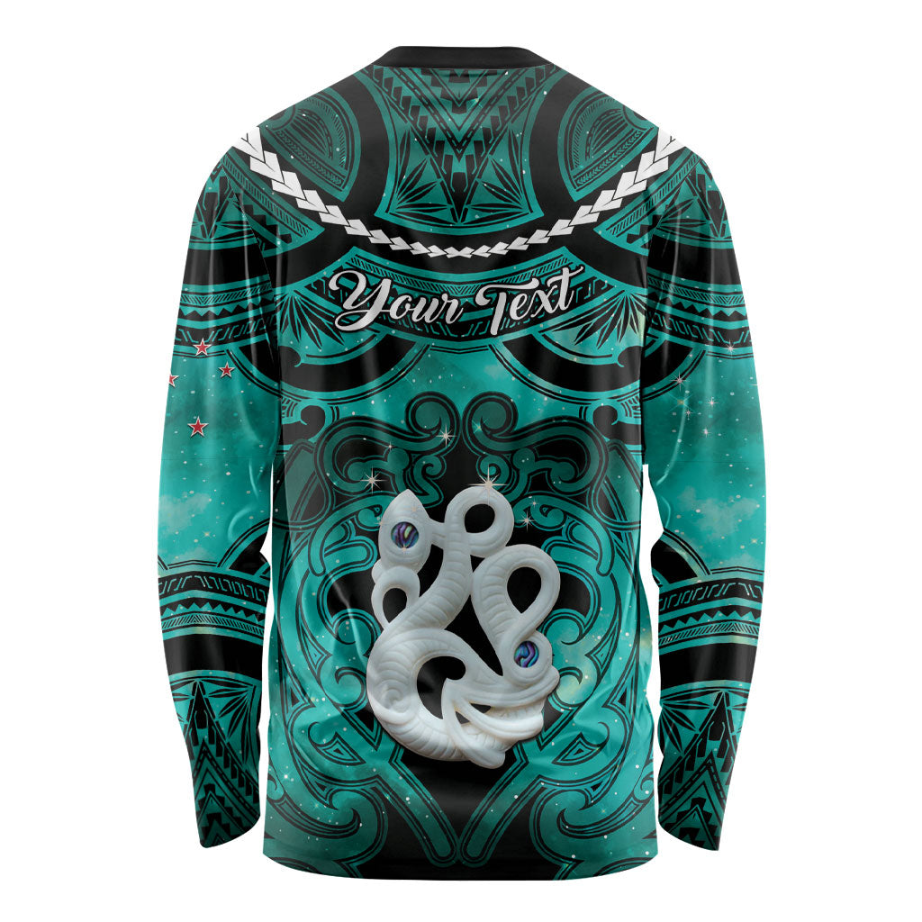 Personalised Maori Matariki Manaia Turquoise Long Sleeve Shirt Maori Kowhaiwhai Pattern Galaxy