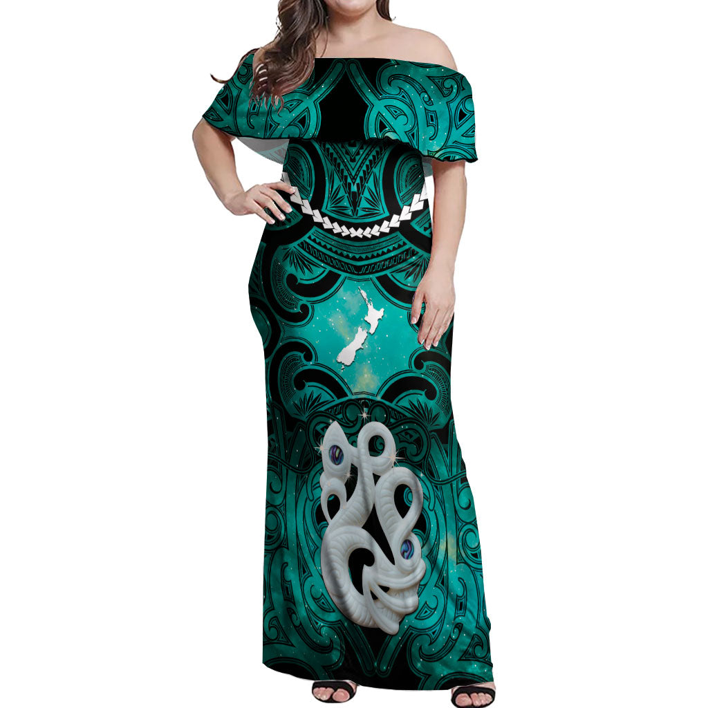 Personalised Maori Matariki Manaia Turquoise Off Shoulder Maxi Dress Maori Kowhaiwhai Pattern Galaxy