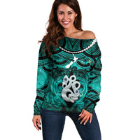 Personalised Maori Matariki Manaia Turquoise Off Shoulder Sweater Maori Kowhaiwhai Pattern Galaxy