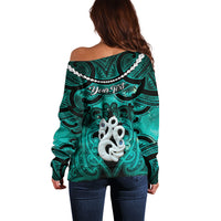 Personalised Maori Matariki Manaia Turquoise Off Shoulder Sweater Maori Kowhaiwhai Pattern Galaxy