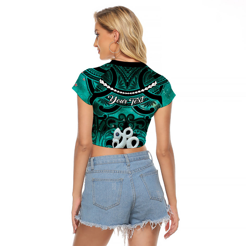 Personalised Maori Matariki Manaia Turquoise Raglan Cropped T Shirt Maori Kowhaiwhai Pattern Galaxy
