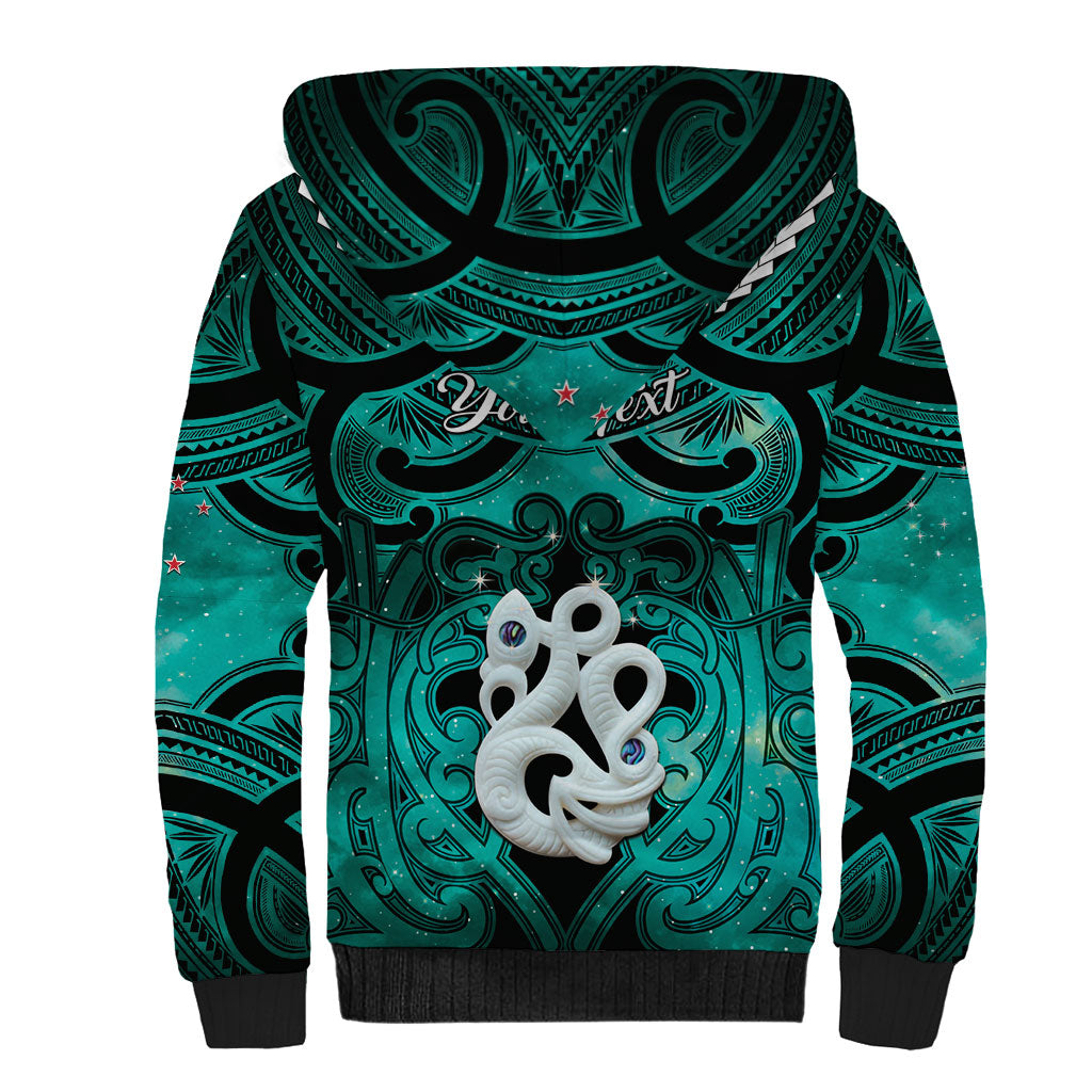 Personalised Maori Matariki Manaia Turquoise Sherpa Hoodie Maori Kowhaiwhai Pattern Galaxy