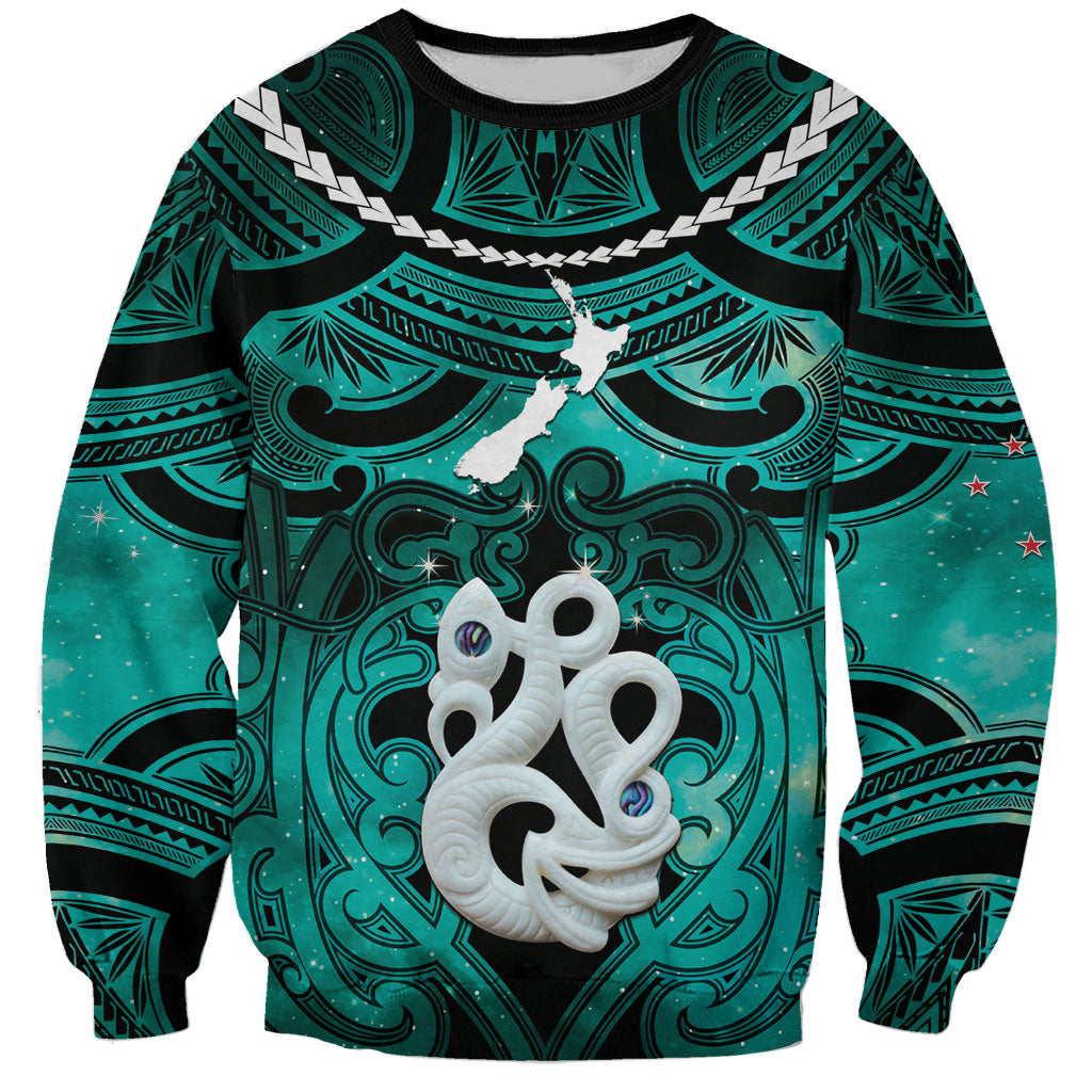 Personalised Maori Matariki Manaia Turquoise Sweatshirt Maori Kowhaiwhai Pattern Galaxy
