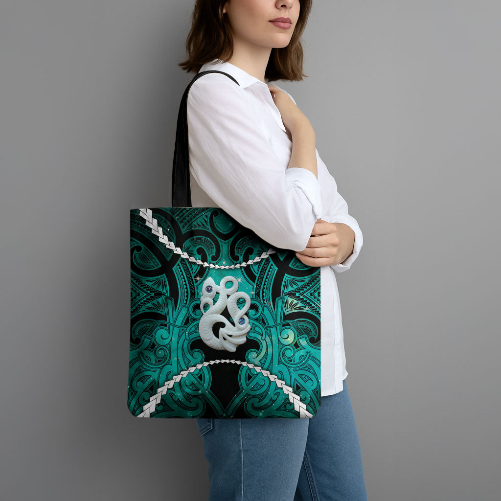 Maori Matariki Manaia Turquoise Tote Bag Maori Kowhaiwhai Pattern Galaxy
