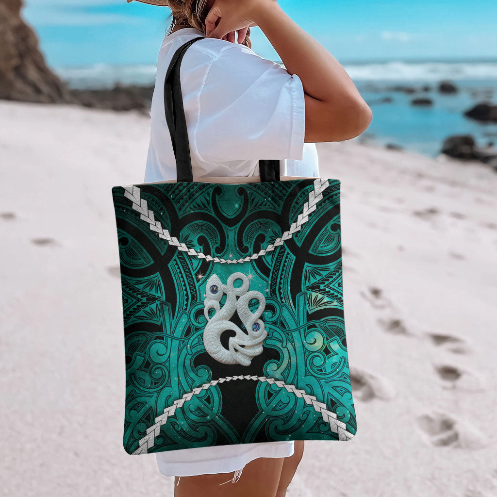 Maori Matariki Manaia Turquoise Tote Bag Maori Kowhaiwhai Pattern Galaxy