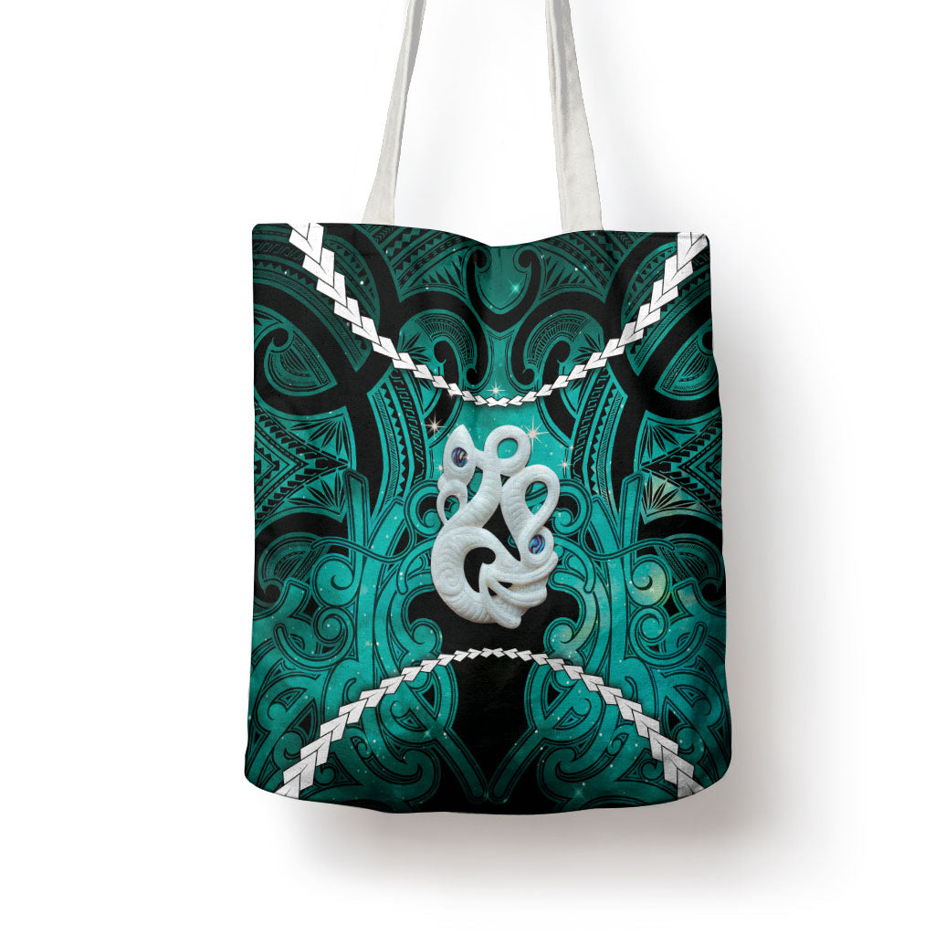 Maori Matariki Manaia Turquoise Tote Bag Maori Kowhaiwhai Pattern Galaxy