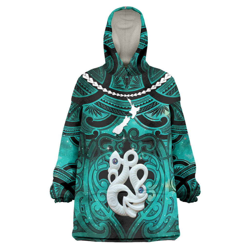 Personalised Maori Matariki Manaia Turquoise Wearable Blanket Hoodie Maori Kowhaiwhai Pattern Galaxy
