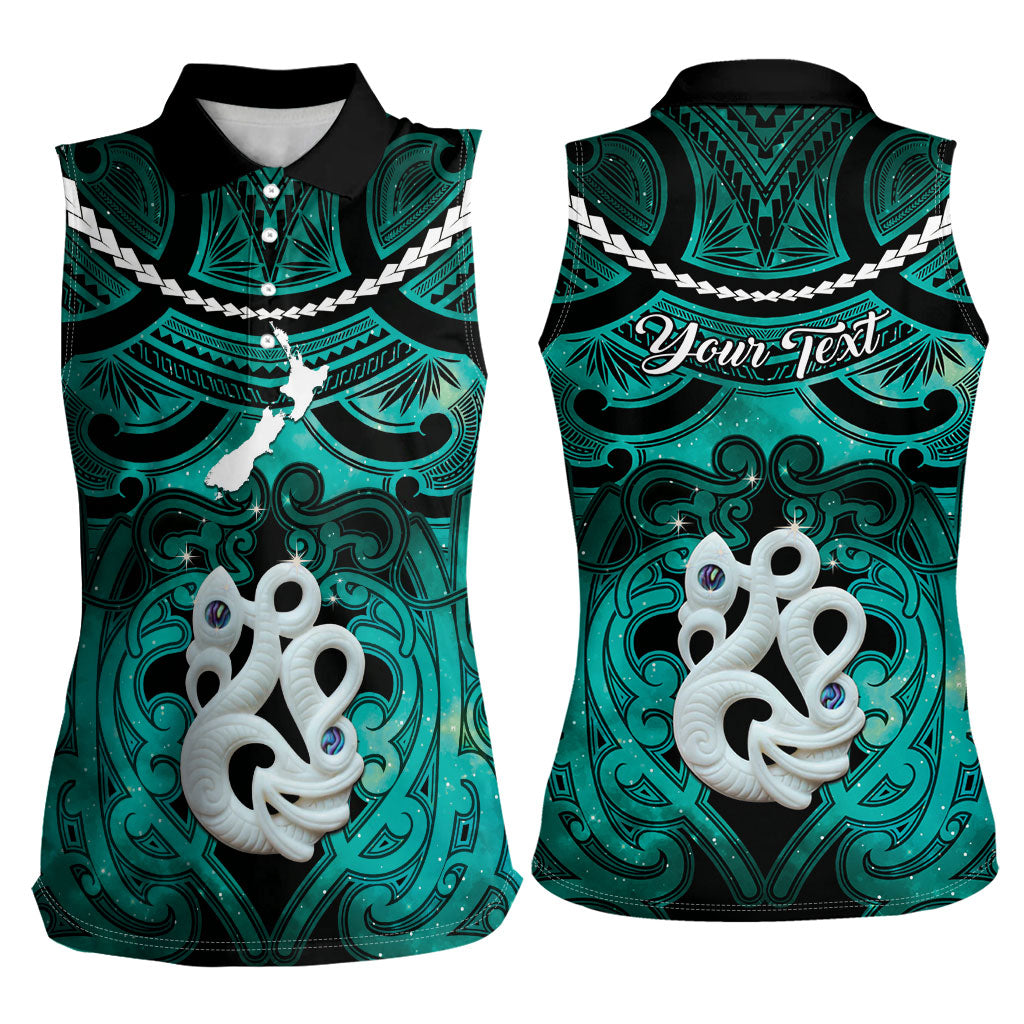 Personalised Maori Matariki Manaia Turquoise Women Sleeveless Polo Shirt Maori Kowhaiwhai Pattern Galaxy