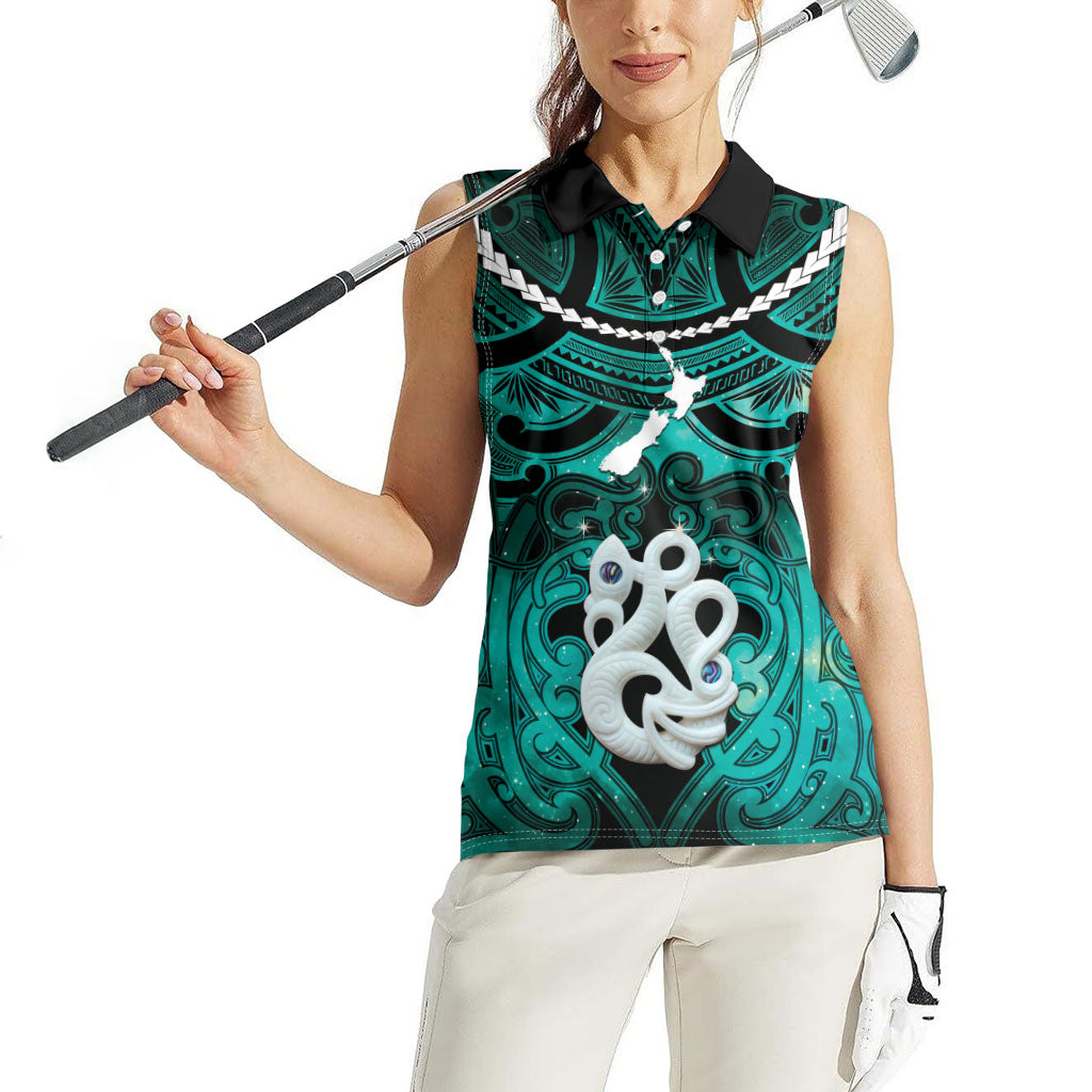 Personalised Maori Matariki Manaia Turquoise Women Sleeveless Polo Shirt Maori Kowhaiwhai Pattern Galaxy