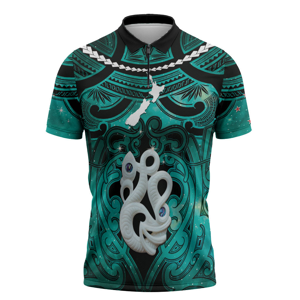 Personalised Maori Matariki Manaia Turquoise Zipper Polo Shirt Maori Kowhaiwhai Pattern Galaxy
