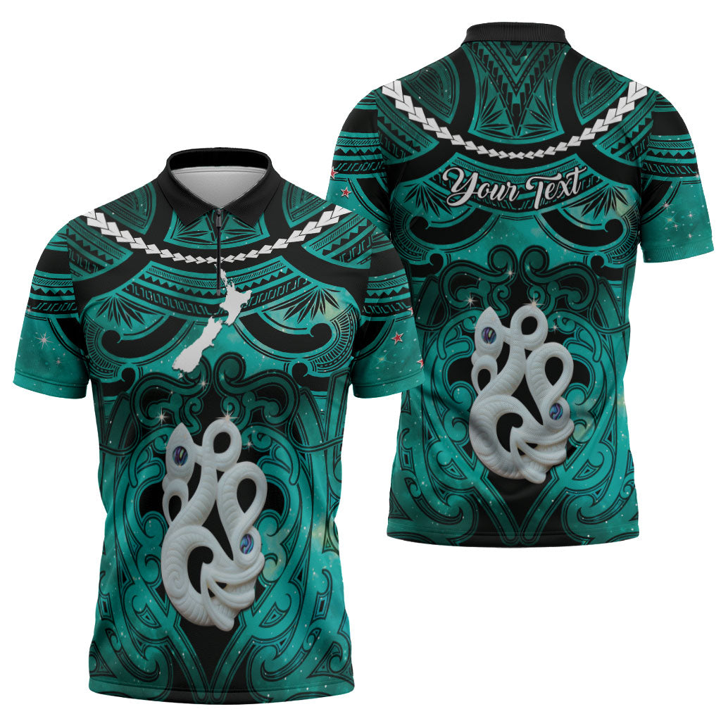 Personalised Maori Matariki Manaia Turquoise Zipper Polo Shirt Maori Kowhaiwhai Pattern Galaxy