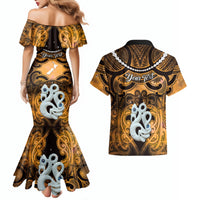 Personalised Maori Matariki Manaia Kowhai Couples Matching Mermaid Dress and Hawaiian Shirt Maori Kowhaiwhai Pattern Galaxy LT01 - Polynesian Pride
