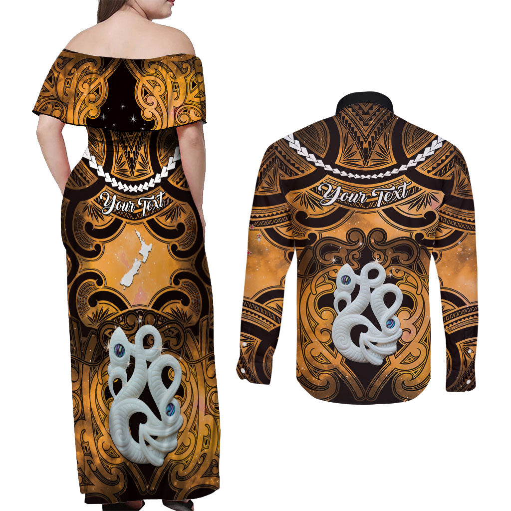 Personalised Maori Matariki Manaia Kowhai Couples Matching Off Shoulder Maxi Dress and Long Sleeve Button Shirt Maori Kowhaiwhai Pattern Galaxy