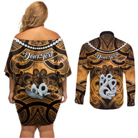 Personalised Maori Matariki Manaia Kowhai Couples Matching Off Shoulder Short Dress and Long Sleeve Button Shirt Maori Kowhaiwhai Pattern Galaxy