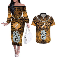 Personalised Maori Matariki Manaia Kowhai Couples Matching Off The Shoulder Long Sleeve Dress and Hawaiian Shirt Maori Kowhaiwhai Pattern Galaxy LT01 Yellow - Polynesian Pride