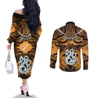 Personalised Maori Matariki Manaia Kowhai Couples Matching Off The Shoulder Long Sleeve Dress and Long Sleeve Button Shirt Maori Kowhaiwhai Pattern Galaxy