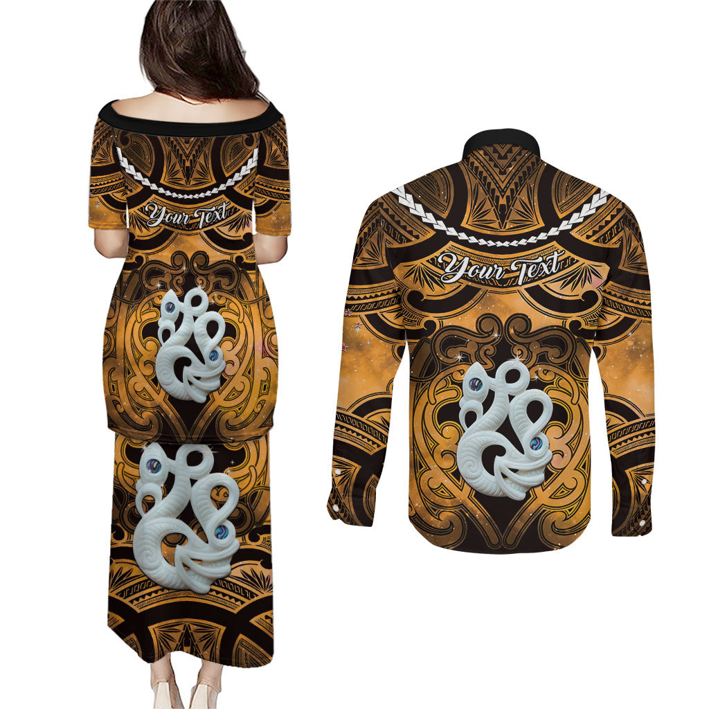 Personalised Maori Matariki Manaia Kowhai Couples Matching Puletasi and Long Sleeve Button Shirt Maori Kowhaiwhai Pattern Galaxy