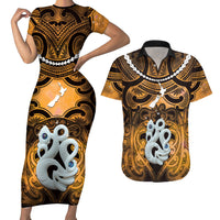 Personalised Maori Matariki Manaia Kowhai Couples Matching Short Sleeve Bodycon Dress and Hawaiian Shirt Maori Kowhaiwhai Pattern Galaxy LT01 Yellow - Polynesian Pride