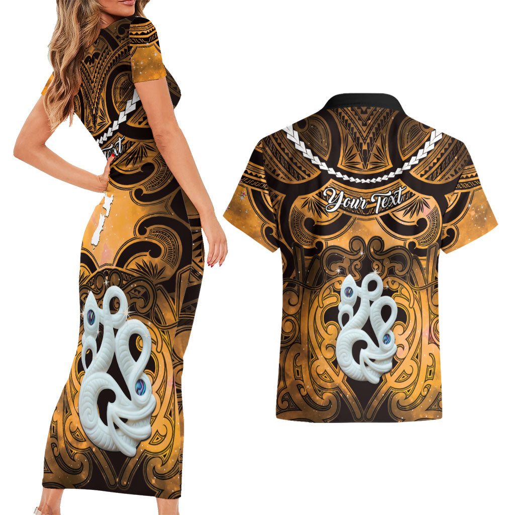 Personalised Maori Matariki Manaia Kowhai Couples Matching Short Sleeve Bodycon Dress and Hawaiian Shirt Maori Kowhaiwhai Pattern Galaxy LT01 - Polynesian Pride
