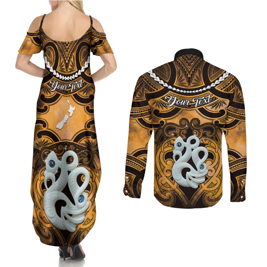 Personalised Maori Matariki Manaia Kowhai Couples Matching Summer Maxi Dress and Long Sleeve Button Shirt Maori Kowhaiwhai Pattern Galaxy