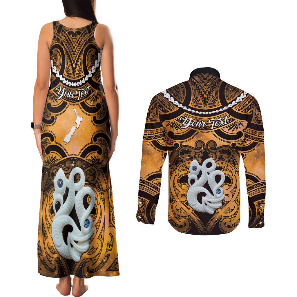 Personalised Maori Matariki Manaia Kowhai Couples Matching Tank Maxi Dress and Long Sleeve Button Shirt Maori Kowhaiwhai Pattern Galaxy