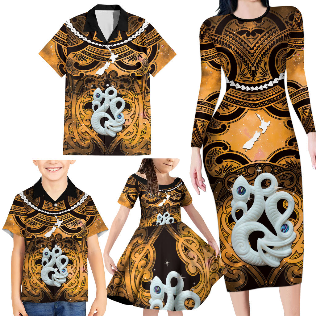Personalised Maori Matariki Manaia Kowhai Family Matching Long Sleeve Bodycon Dress and Hawaiian Shirt Maori Kowhaiwhai Pattern Galaxy LT01 - Polynesian Pride