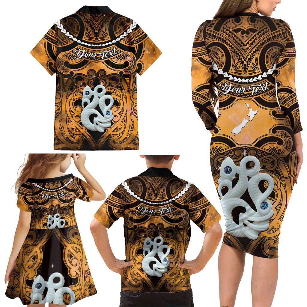 Personalised Maori Matariki Manaia Kowhai Family Matching Long Sleeve Bodycon Dress and Hawaiian Shirt Maori Kowhaiwhai Pattern Galaxy LT01 - Polynesian Pride