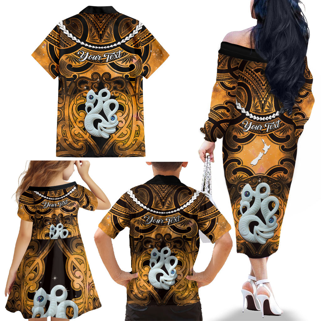 Personalised Maori Matariki Manaia Kowhai Family Matching Off The Shoulder Long Sleeve Dress and Hawaiian Shirt Maori Kowhaiwhai Pattern Galaxy LT01 - Polynesian Pride