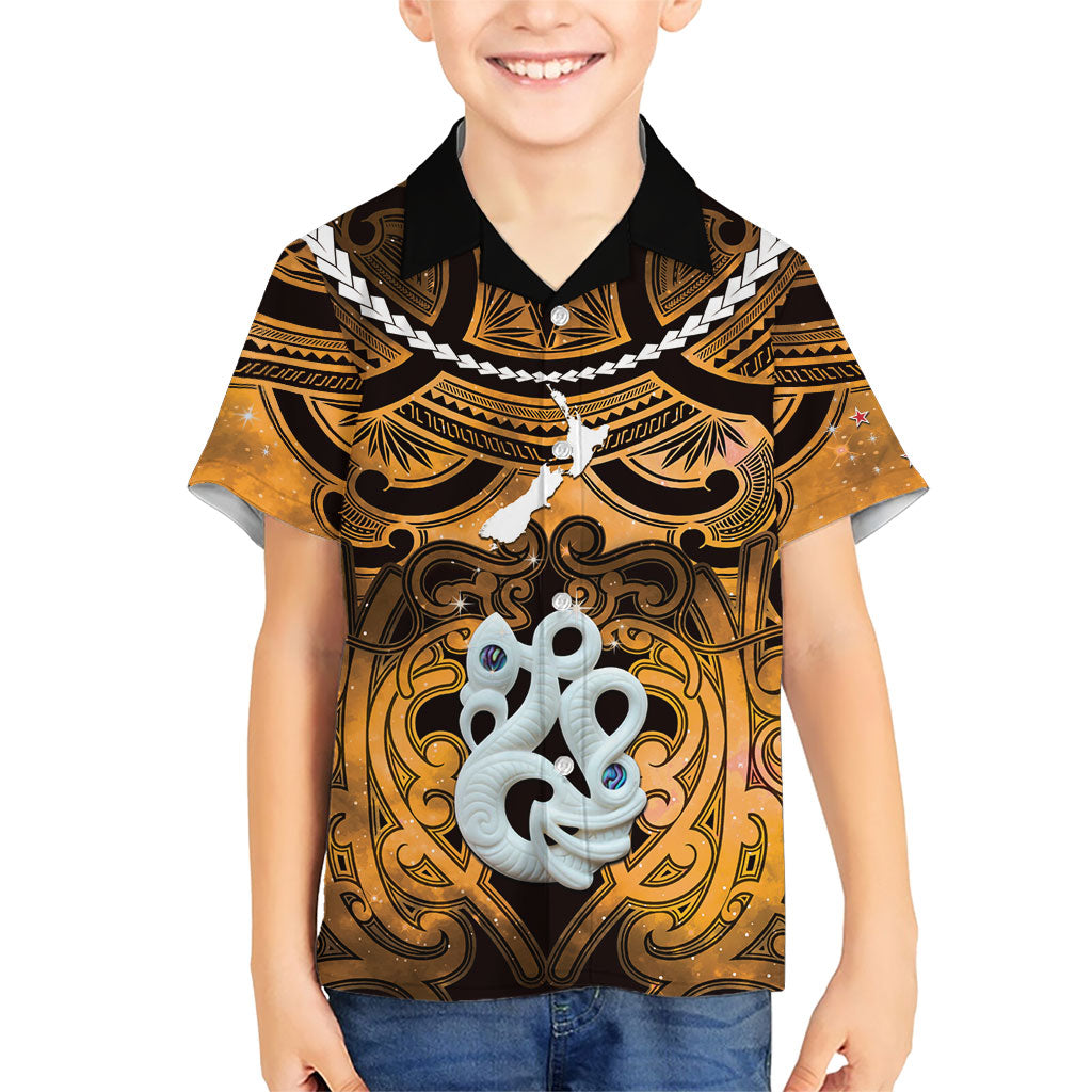Personalised Maori Matariki Manaia Kowhai Family Matching Off The Shoulder Long Sleeve Dress and Hawaiian Shirt Maori Kowhaiwhai Pattern Galaxy LT01 Son's Shirt Yellow - Polynesian Pride