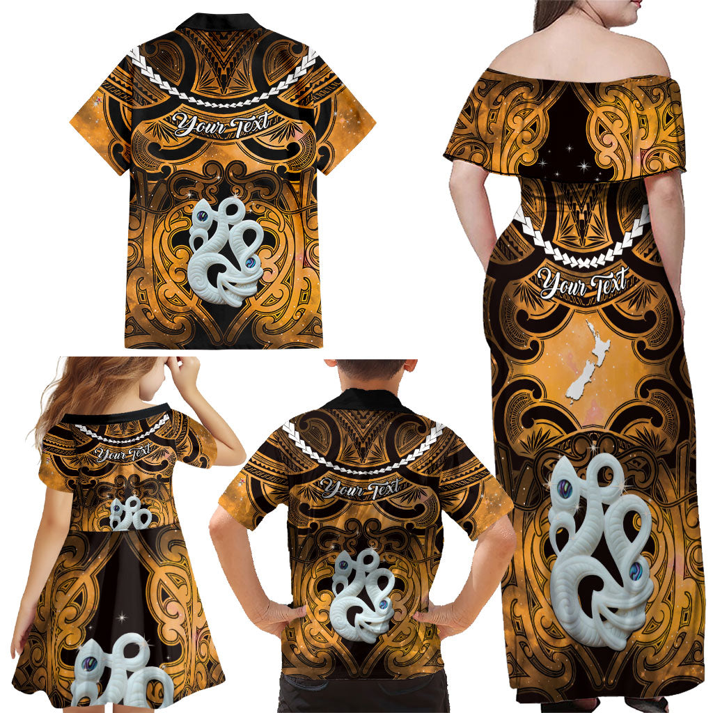 Personalised Maori Matariki Manaia Kowhai Family Matching Off Shoulder Maxi Dress and Hawaiian Shirt Maori Kowhaiwhai Pattern Galaxy LT01 - Polynesian Pride