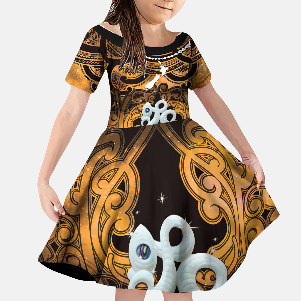 Personalised Maori Matariki Manaia Kowhai Family Matching Off Shoulder Short Dress and Hawaiian Shirt Maori Kowhaiwhai Pattern Galaxy LT01 Daughter's Dress Yellow - Polynesian Pride