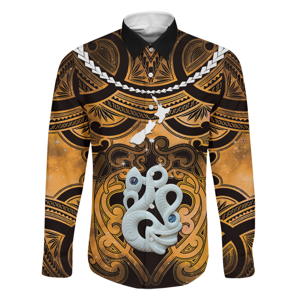 Personalised Maori Matariki Manaia Kowhai Family Matching Off Shoulder Short Dress and Hawaiian Shirt Maori Kowhaiwhai Pattern Galaxy LT01 Dad's Shirt - Long Sleeve Yellow - Polynesian Pride