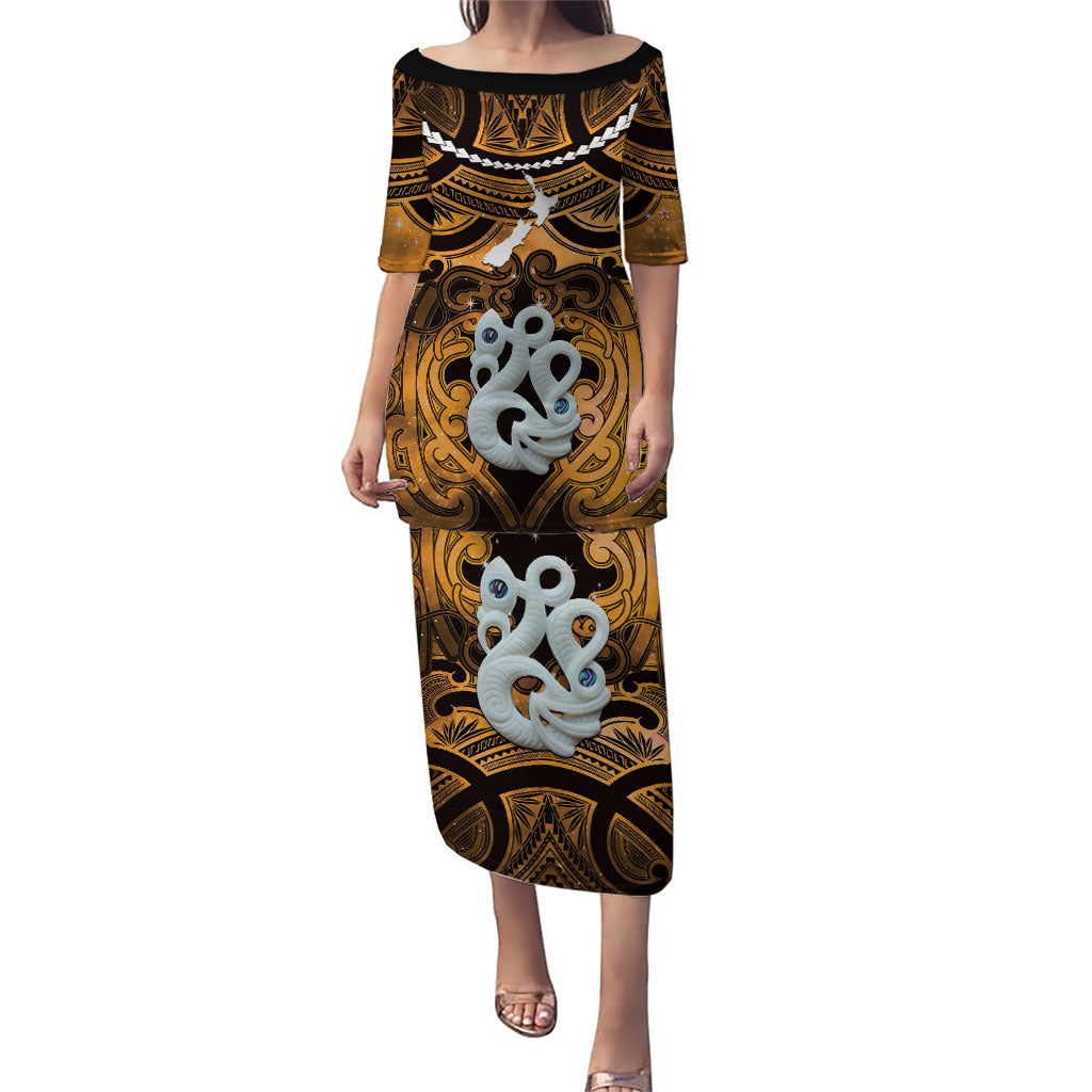 Personalised Maori Matariki Manaia Kowhai Family Matching Puletasi and Hawaiian Shirt Maori Kowhaiwhai Pattern Galaxy LT01 Mom's Dress Yellow - Polynesian Pride