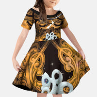 Personalised Maori Matariki Manaia Kowhai Family Matching Summer Maxi Dress and Hawaiian Shirt Maori Kowhaiwhai Pattern Galaxy LT01 Daughter's Dress Yellow - Polynesian Pride