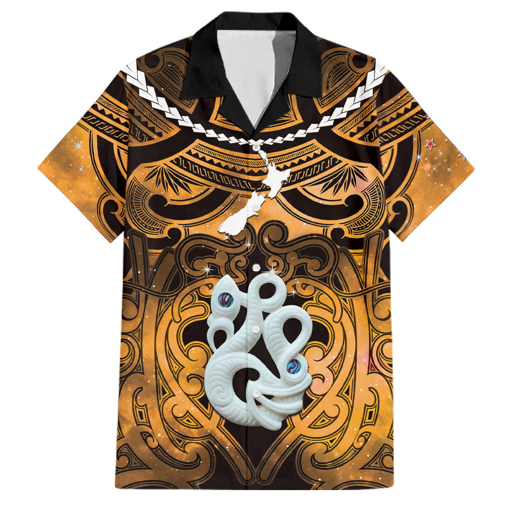 Personalised Maori Matariki Manaia Kowhai Family Matching Summer Maxi Dress and Hawaiian Shirt Maori Kowhaiwhai Pattern Galaxy LT01 Dad's Shirt - Short Sleeve Yellow - Polynesian Pride