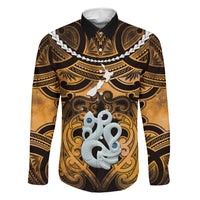 Personalised Maori Matariki Manaia Kowhai Family Matching Summer Maxi Dress and Hawaiian Shirt Maori Kowhaiwhai Pattern Galaxy LT01 Dad's Shirt - Long Sleeve Yellow - Polynesian Pride