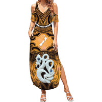 Personalised Maori Matariki Manaia Kowhai Family Matching Summer Maxi Dress and Hawaiian Shirt Maori Kowhaiwhai Pattern Galaxy LT01 Mom's Dress Yellow - Polynesian Pride