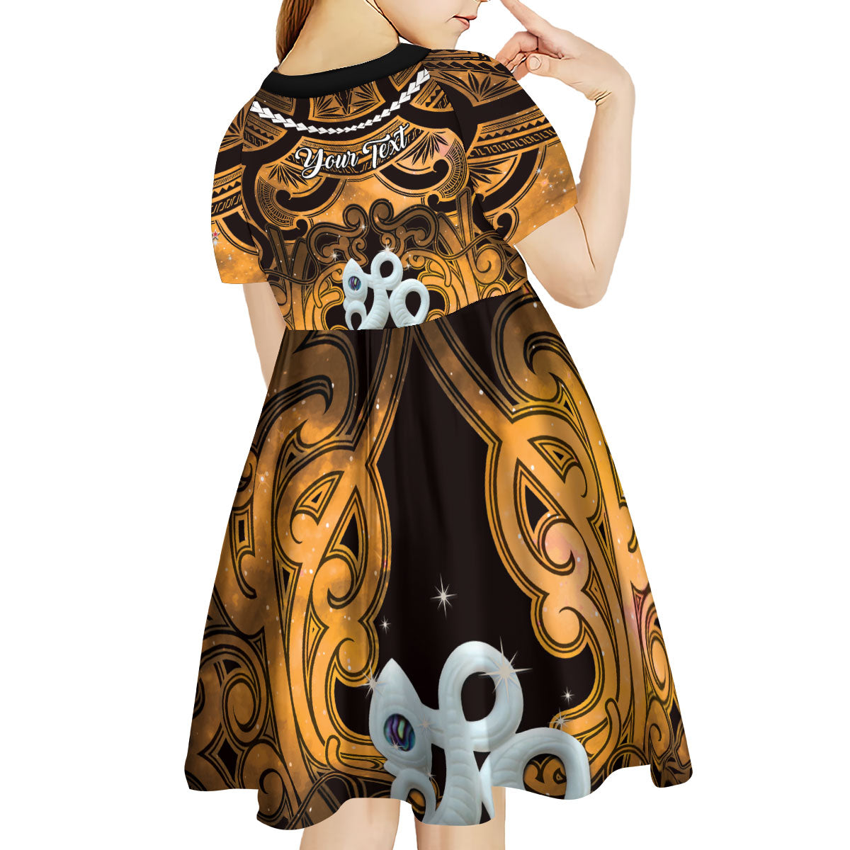 Personalised Maori Matariki Manaia Kowhai Kid Short Sleeve Dress Maori Kowhaiwhai Pattern Galaxy