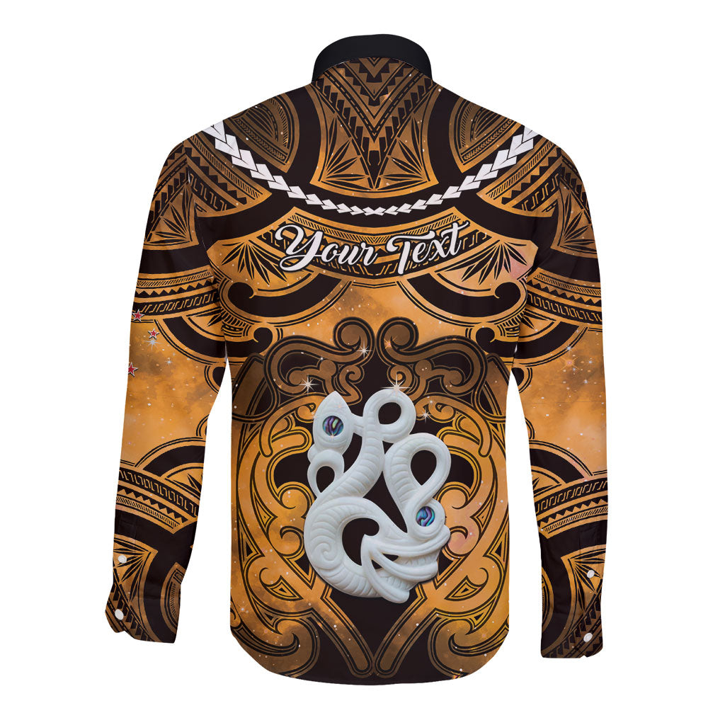 Personalised Maori Matariki Manaia Kowhai Long Sleeve Button Shirt Maori Kowhaiwhai Pattern Galaxy