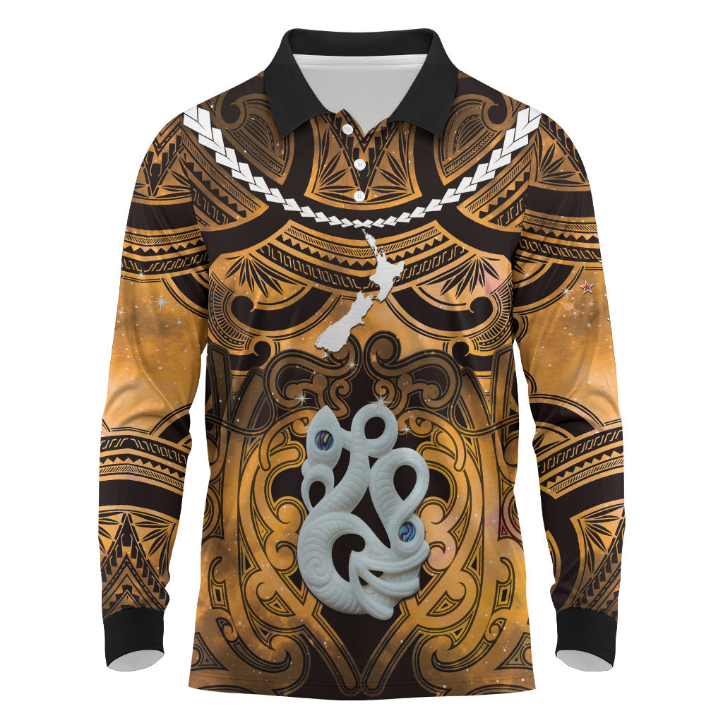 Personalised Maori Matariki Manaia Kowhai Long Sleeve Polo Shirt Maori Kowhaiwhai Pattern Galaxy