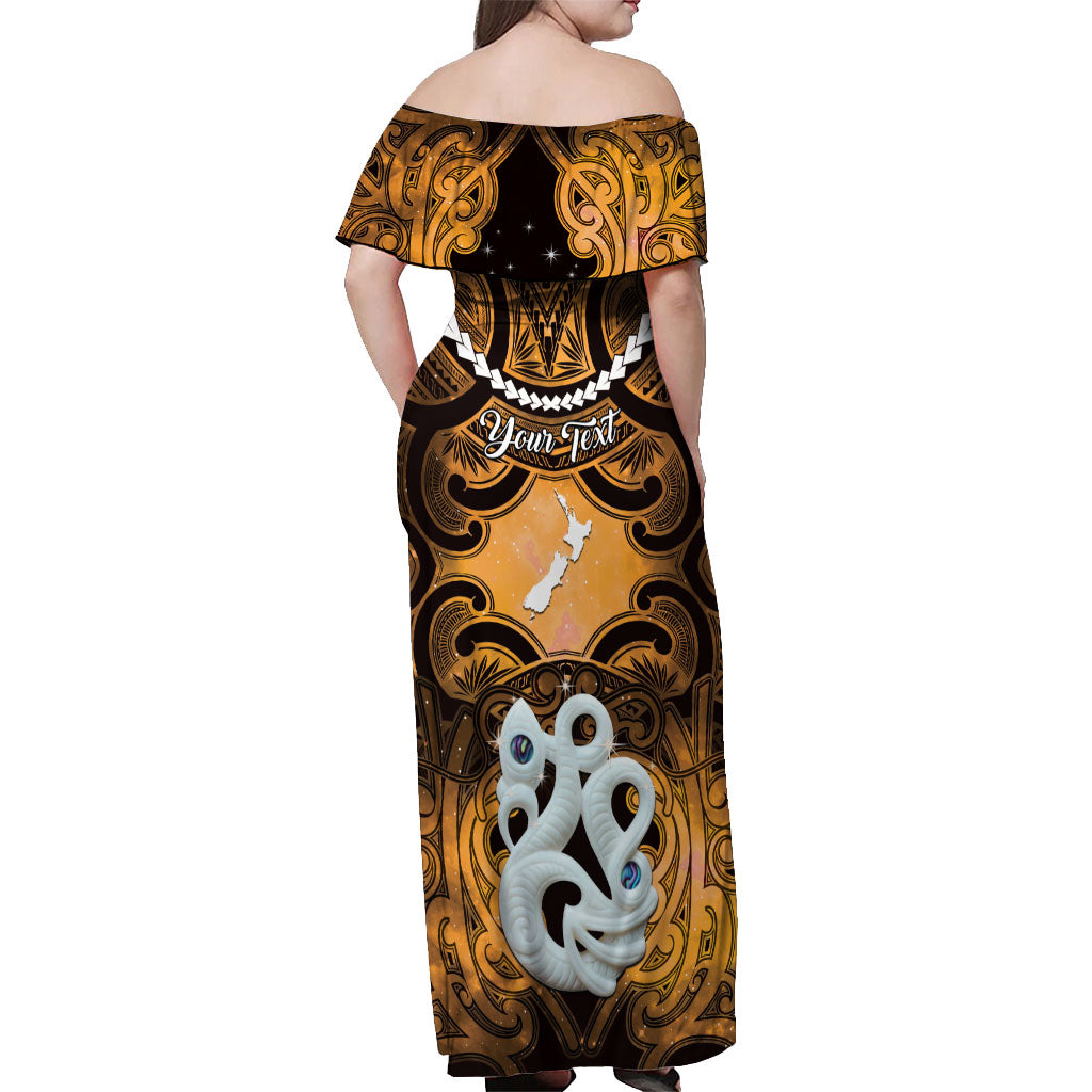 Personalised Maori Matariki Manaia Kowhai Off Shoulder Maxi Dress Maori Kowhaiwhai Pattern Galaxy