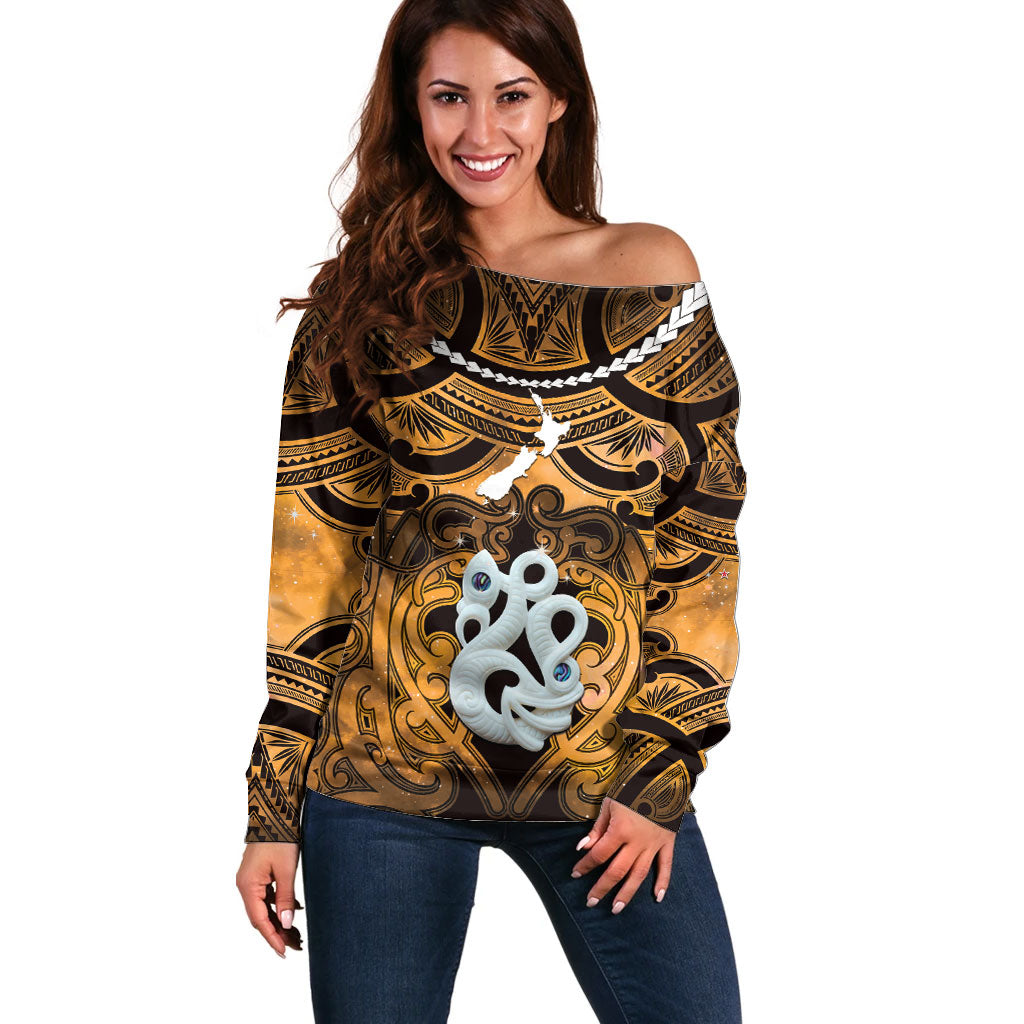 Personalised Maori Matariki Manaia Kowhai Off Shoulder Sweater Maori Kowhaiwhai Pattern Galaxy