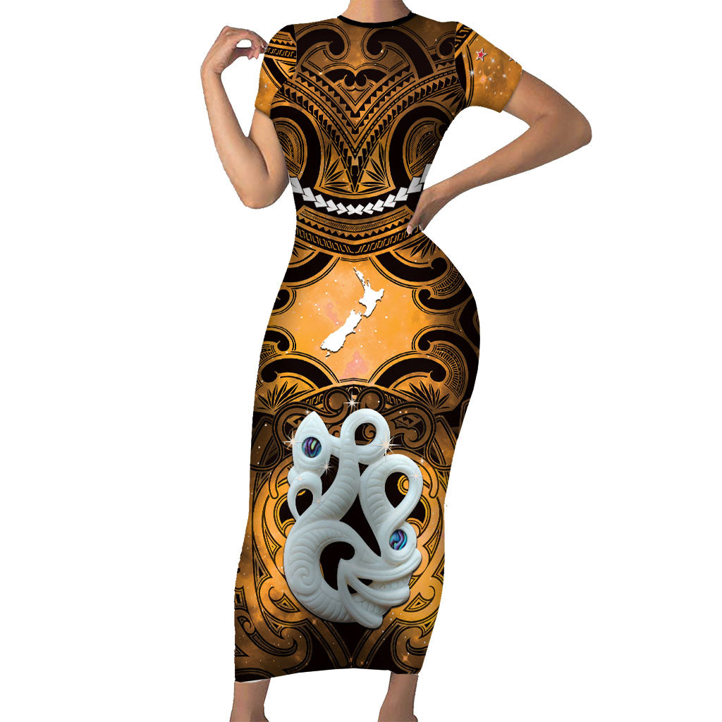 Personalised Maori Matariki Manaia Kowhai Short Sleeve Bodycon Dress Maori Kowhaiwhai Pattern Galaxy