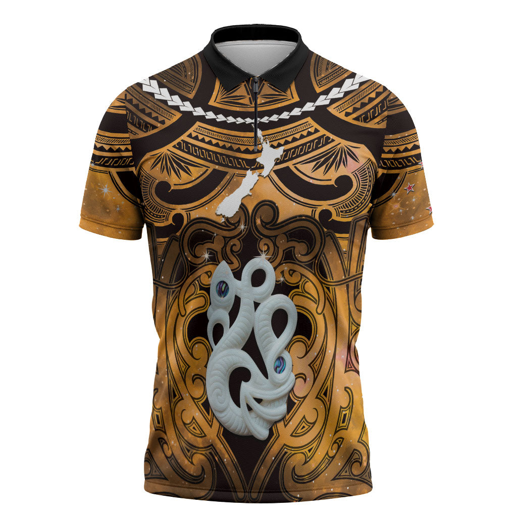 Personalised Maori Matariki Manaia Kowhai Zipper Polo Shirt Maori Kowhaiwhai Pattern Galaxy