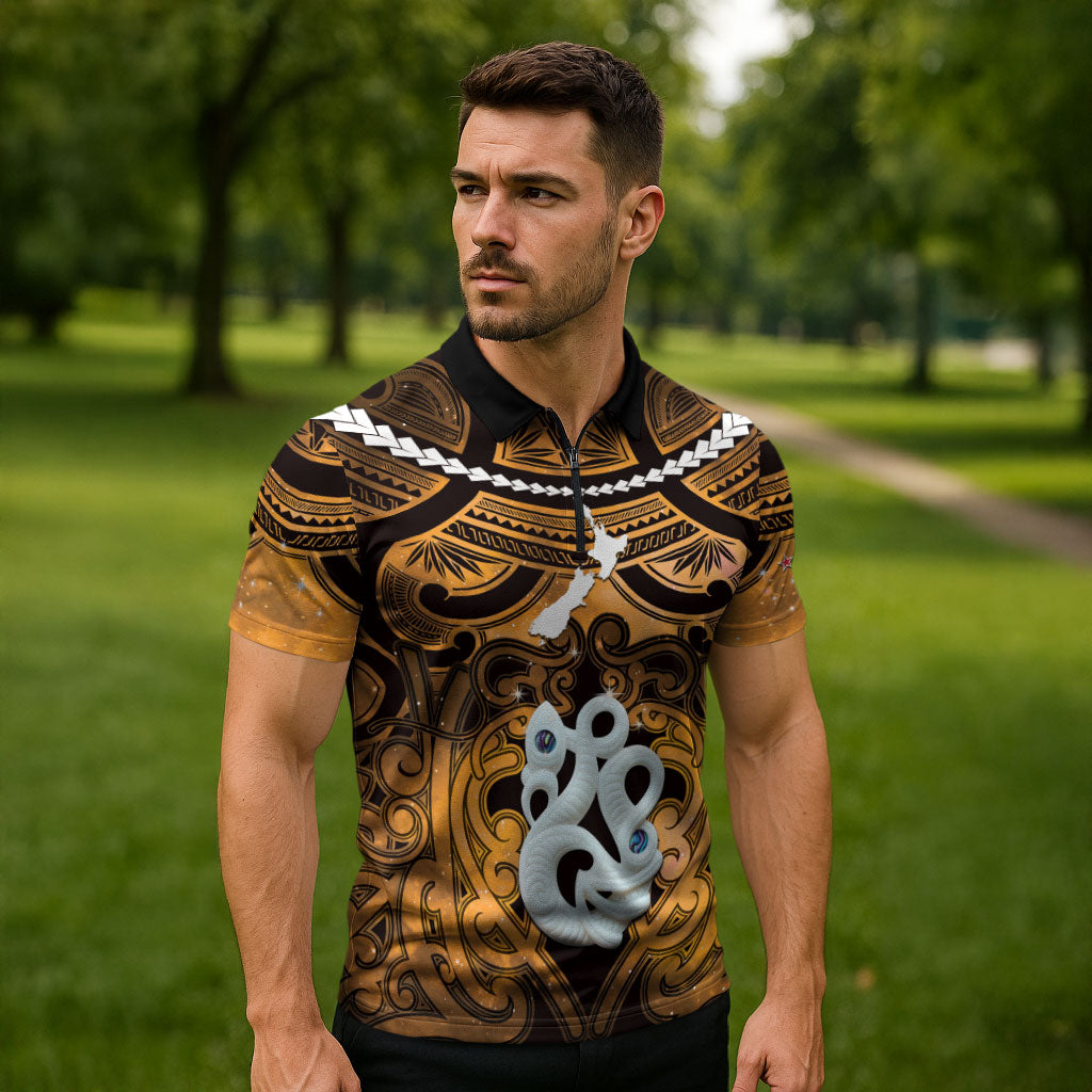 Personalised Maori Matariki Manaia Kowhai Zipper Polo Shirt Maori Kowhaiwhai Pattern Galaxy
