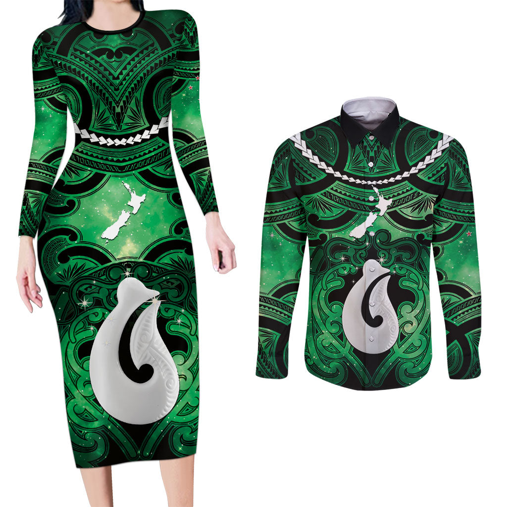 Personalised Maori Matariki Hei Matau Kakariki Couples Matching Long Sleeve Bodycon Dress and Long Sleeve Button Shirt Maori Kowhaiwhai Pattern Galaxy
