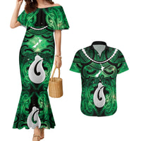 Personalised Maori Matariki Hei Matau Kakariki Couples Matching Mermaid Dress and Hawaiian Shirt Maori Kowhaiwhai Pattern Galaxy LT01 Green - Polynesian Pride