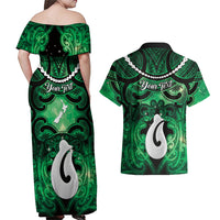 Personalised Maori Matariki Hei Matau Kakariki Couples Matching Off Shoulder Maxi Dress and Hawaiian Shirt Maori Kowhaiwhai Pattern Galaxy LT01 - Polynesian Pride