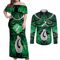 Personalised Maori Matariki Hei Matau Kakariki Couples Matching Off Shoulder Maxi Dress and Long Sleeve Button Shirt Maori Kowhaiwhai Pattern Galaxy