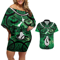 Personalised Maori Matariki Hei Matau Kakariki Couples Matching Off Shoulder Short Dress and Hawaiian Shirt Maori Kowhaiwhai Pattern Galaxy LT01 Green - Polynesian Pride